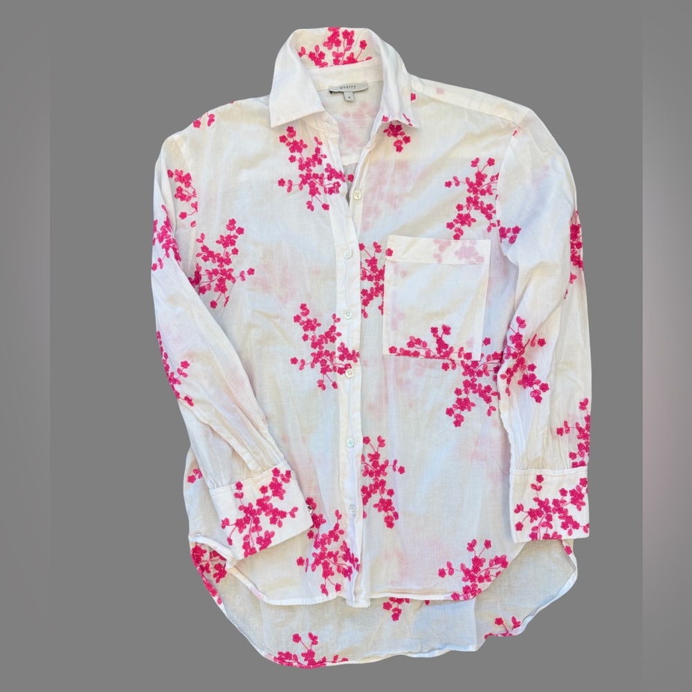 Poetry Embroidered Button Up Blouse Women's 8 White Pink 100% Cotton Cottagecore